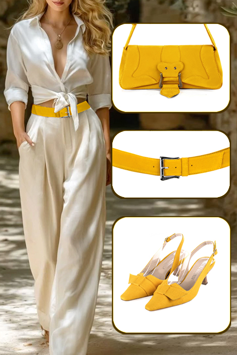 Women's yellow elegant slingback heels, with a bow on the front. Tapered toe. Medium spool heels - Top view